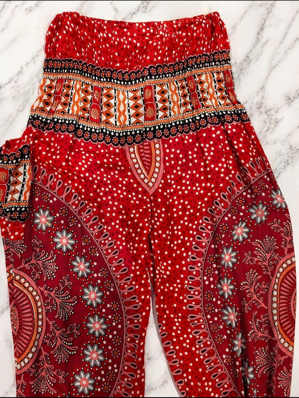 Bohemian Red Printed Wide-Leg Jumpsuit Pants